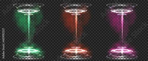 Circular portals, a teleport with a hologram. Projector or teleportation podium of the magic circle. Level up effect. Realistic teleportation portal.