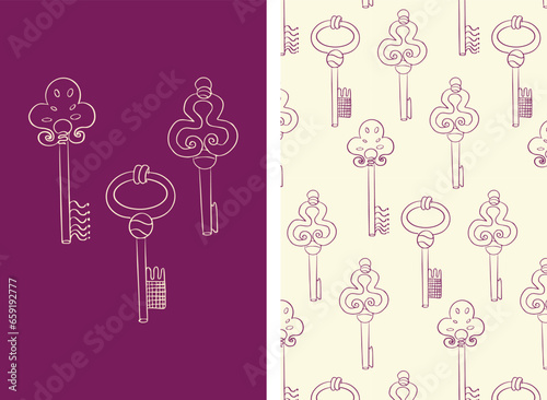 Vintage door keys isolated on colored background. Set of vector pattern and print with keys, draw in a linear style. Cream and purple background. Vector illustration