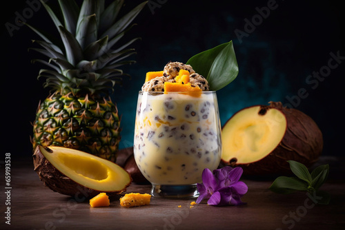Tropical cocktail with passion fruit and coconut milk, garnished with fresh pineapple pieces. Generative AI.