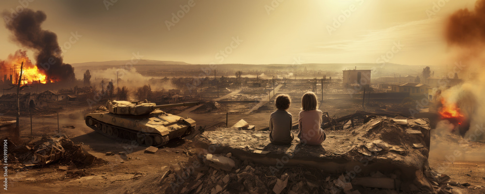 kids sitting in front of city burned destruction of an war invasion conflict, military tank fire and smoke of political world war against children innocence concept as banner with copyspace - obrazy, fototapety, plakaty 