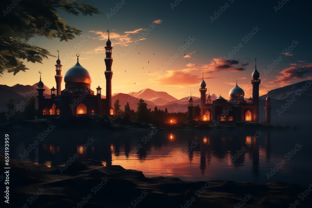 city mosque at sunset