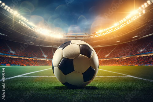 On the soccer field's grass, there lies a soccer ball. The tension before the game starts. The calm before the storm. Empty stands and spotlights before the match. A concept for sports and soccer.