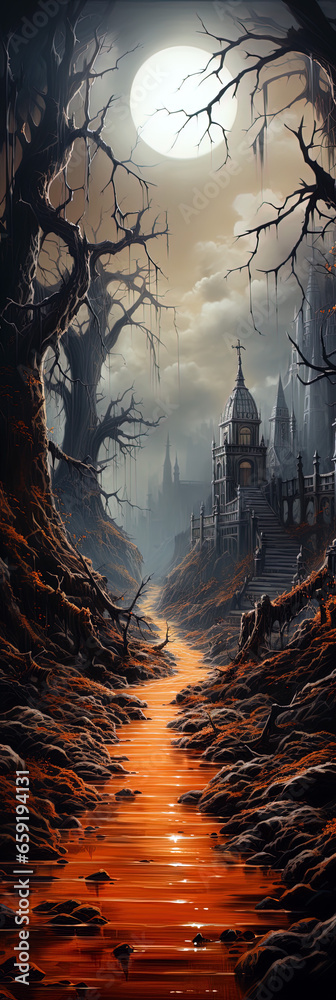 Fantastic spooky landscape background for Halloween bookmark. Ai generative art