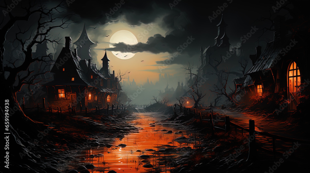 Fantastic night landscape background for Halloween. Ai generative art