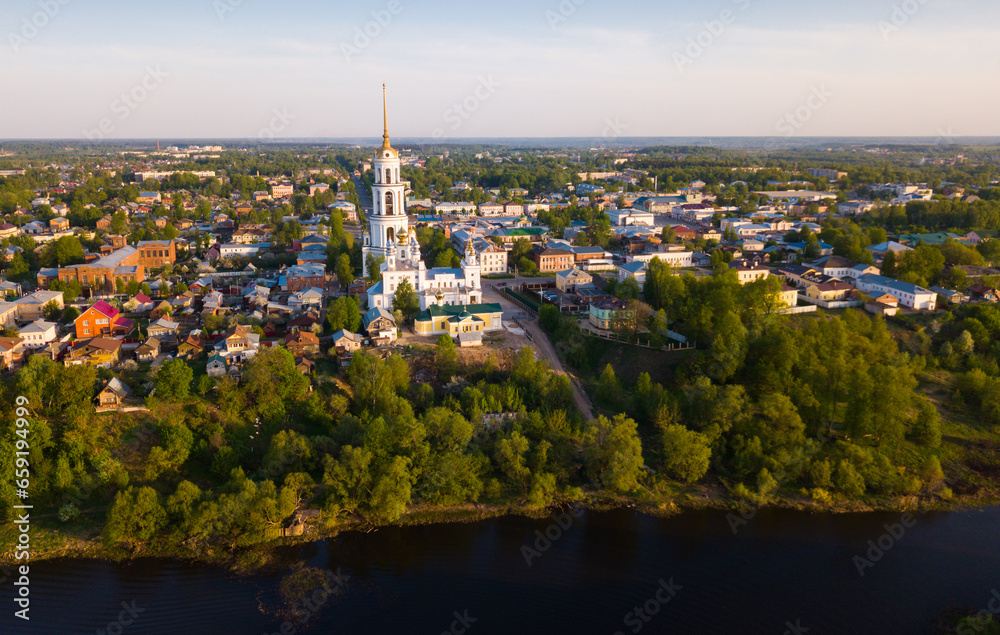 Aerial view of Resurrection Cathedral on bank of Teza River in Russian city of Shuya, Ivanovo oblast