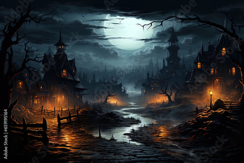 Fantastic night landscape background for Halloween. Ai generative art