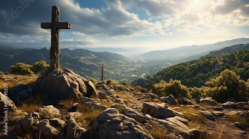 Christian Catholic cross on the hills. Generative AI