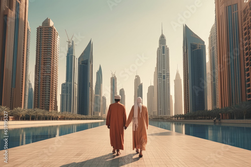 Two Arabs dressed in traditional Arab clothes are walking along the promenade towards the huge skyscrapers of the big city. Generative Ai, Ai. photo
