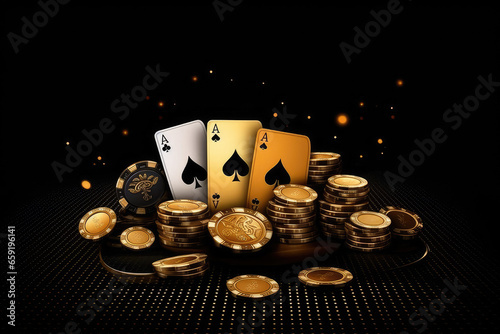 Creative poker template, background design with golden playing cards and poker chips on a dark background. Generative Ai, Ai. photo