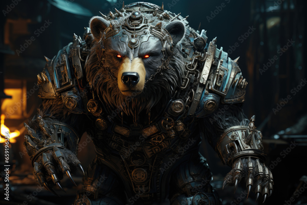 Fototapeta premium Realistic 3D sculpture of a black bear with a robot head in cinematic lighting, showcasing an intricate and captivating artwork masterpiece. Generative Ai.