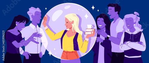 Personal boundary between person and crowd of people vector illustration. Cartoon young woman introvert holding glass bubble with comfort space to avoid unwanted communication and interaction