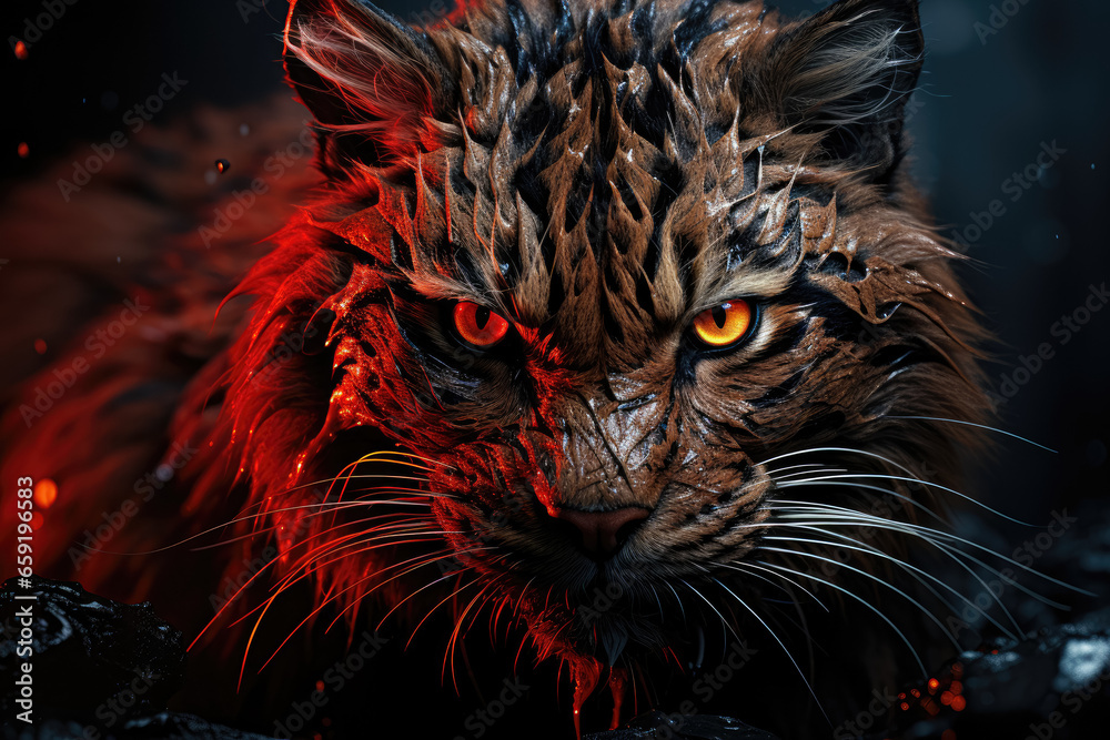 Close-up of the striking big eyes of a red tiger. Generative Ai.
