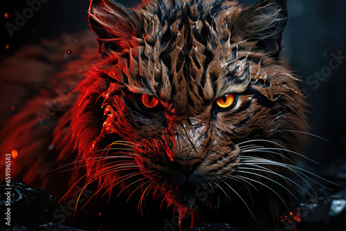 Close-up of the striking big eyes of a red tiger. Generative Ai.