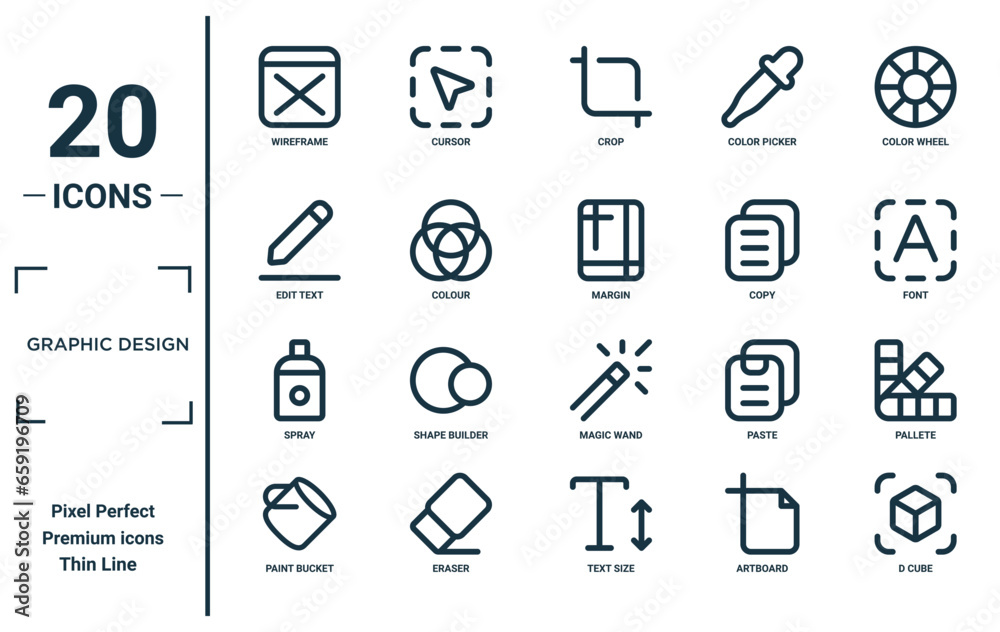 graphic design linear icon set. includes thin line wireframe, edit text ...