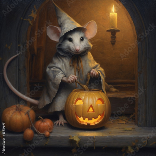 une souris fête halloween en tenant une citrouille, generative ai © Sarra