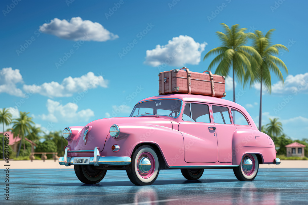 Features a blue toy car with luggage and a pink flamingo on a blue background, providing a copy space for text or design elements. Conjures up a sense of travel and leisure. Generative Ai.