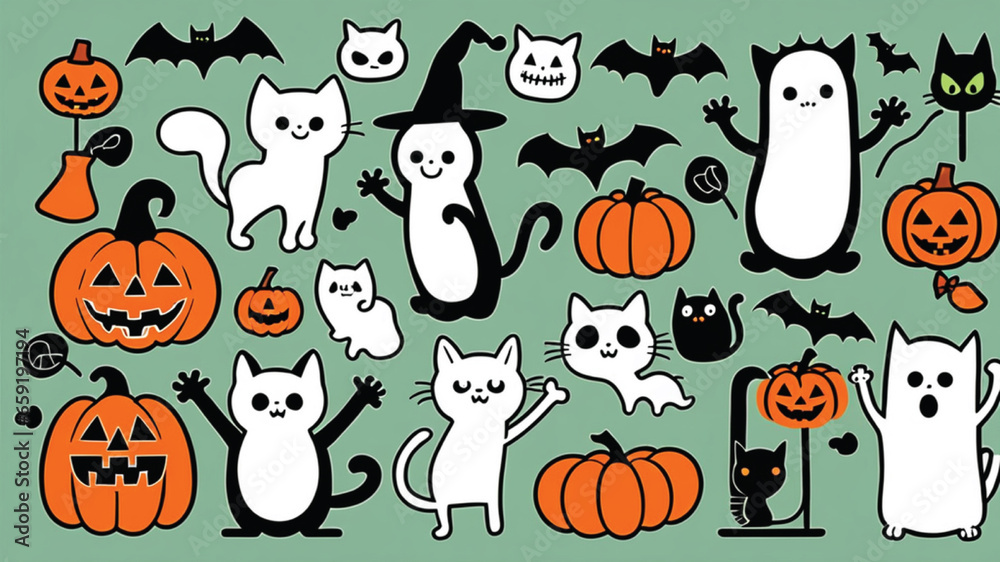 Naklejka premium Happy Halloween set of elements, ghost, pumpkin, bat and cat. Vector is cute illustration in hand drawn style Generative AI