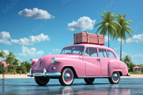 Features a blue toy car with luggage and a pink flamingo on a blue background, providing a copy space for text or design elements. Conjures up a sense of travel and leisure. Generative Ai. © Sebastian