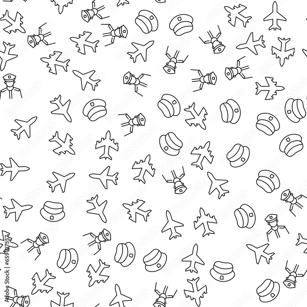 Naklejka premium Plane, Pilot, Hat Seamless Pattern for printing, wrapping, design, sites, shops, apps