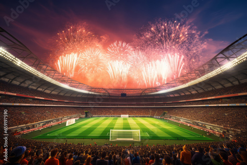 Football ground and pyrotechnics. Attractions to please customers and onlookers. Events orchestrated through marketing. Augmented business earnings. The idea of fireworks and crowd-pulling. © omune