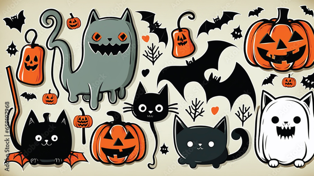 Naklejka premium Happy Halloween set of elements, ghost, pumpkin, bat and cat. Vector is cute illustration in hand drawn style Generative AI