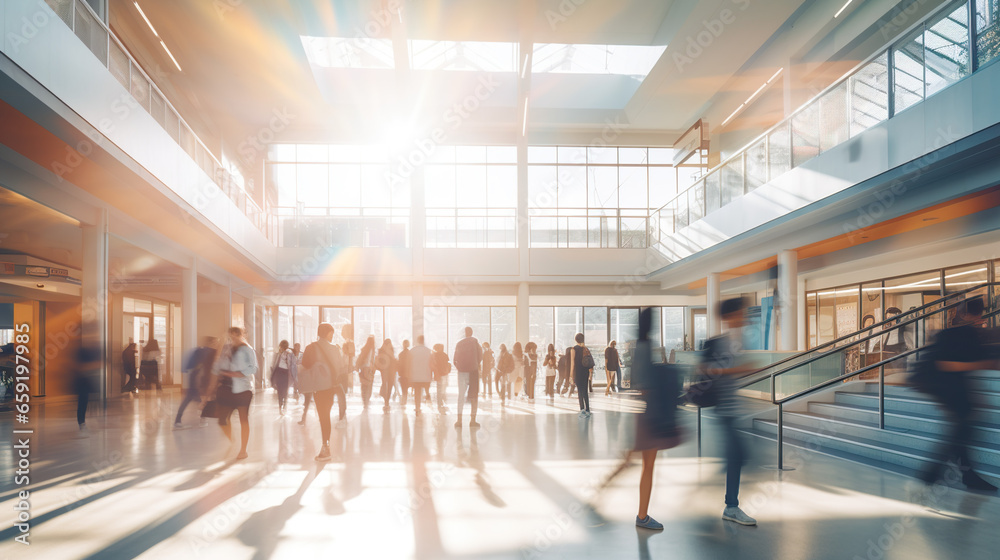 A blurry image capturing high school students navigating crowded hallways between classes in a bustling school building A blurry image capturing high school students navigating crowded hallways between classes in a bustling school building