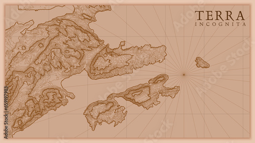 Ancient abstract earth relief old map. Generated conceptual vector elevation map of fantasy landscape.