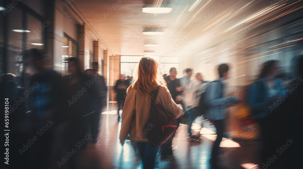 A blurry image capturing high school students navigating crowded hallways between classes in a bustling school building A blurry image capturing high school students navigating crowded hallways between classes in a bustling school building