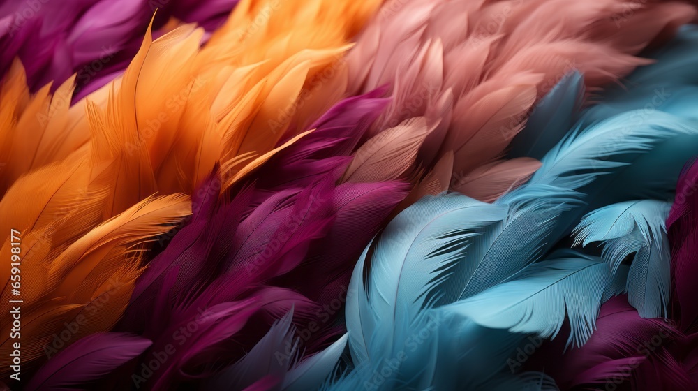 Fototapeta premium Colorful feather background close-up. Generative AI