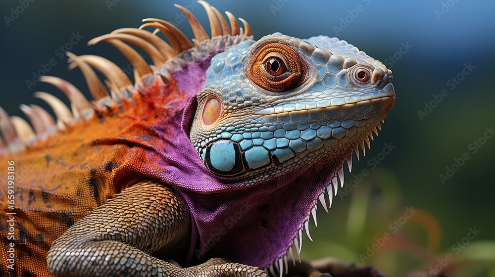 Fototapeta premium Colorful lizard in close-up detail displaying its. Generative AI