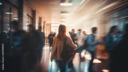 A blurry image capturing high school students navigating crowded hallways between classes in a bustling school building photo
