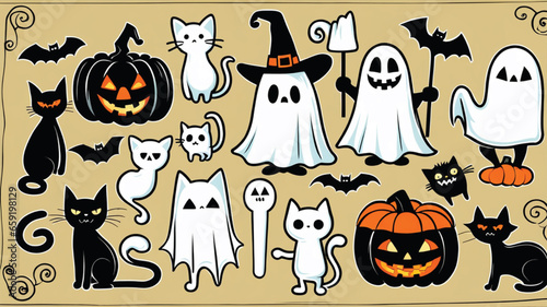 Happy Halloween set of elements  ghost  pumpkin  bat and cat. Vector is cute illustration in hand drawn style Generative AI