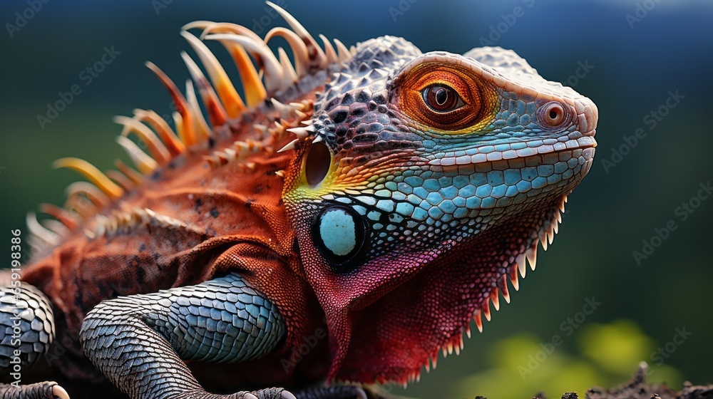 Colorful lizard in close-up detail displaying its. Generative AI Colorful lizard in close-up detail displaying its. Generative AI