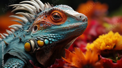 Colorful lizard in close-up detail displaying its. Generative AI