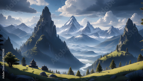breathtaking landscape of mysterious mountains and hills with trees and beautiful clouds in sky