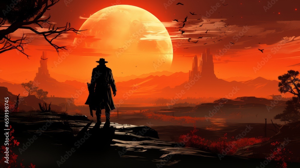 Cowboy silhouette in the Wild West with a revolver. Generative AI Cowboy silhouette in the Wild West with a revolver. Generative AI
