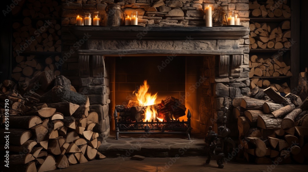 Cozy fireplace with stacked logs. Generative AI