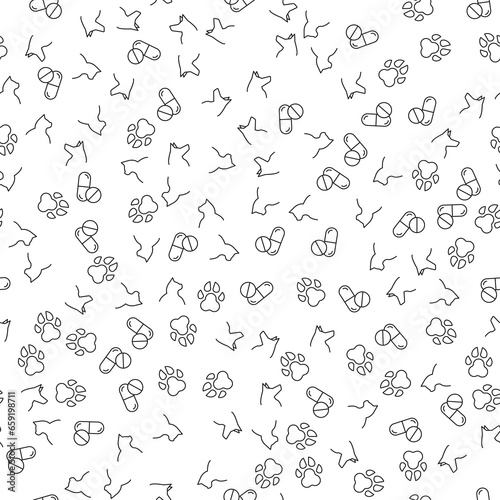 Paw, Dog, Pills as Veterinary Seamless Pattern for printing, wrapping, design, sites, shops, apps