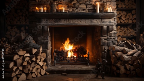 Cozy fireplace with stacked logs. Generative AI