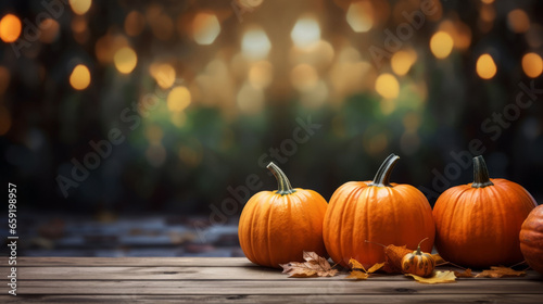 Pumpkins with autumn leaves on a wooden table with bright bokeh in the background