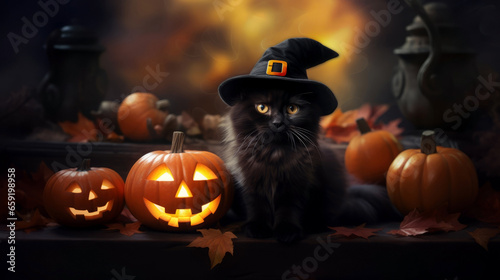 Little kitten with Halloween hat and pumpkins in autumn