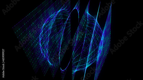 Abstract blue sphere on black background. Wireframe circle structure with glowing particles and lines. Futuristic digital illustration. 3D rendering.