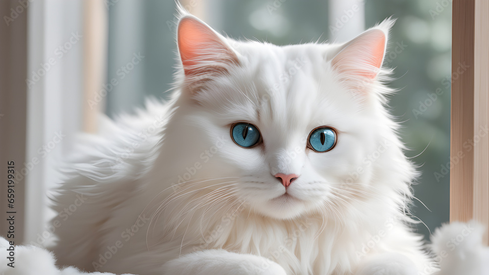 Closeup photo of white cat with soft furs and cute blue eyes resting beside the window