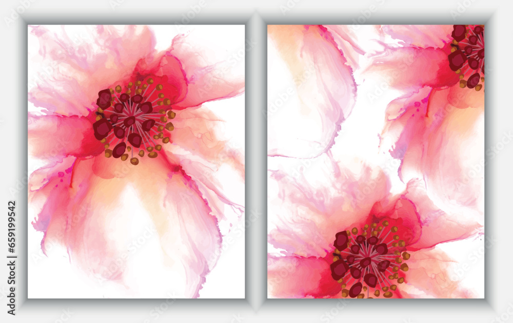 Obraz premium Set of modern creative illustrations with flowers. Modern creative design alcohol ink texture for home decor, banners, and prints. Vector illustration.