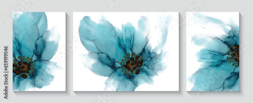 Set of modern creative illustrations with flowers. Modern creative design alcohol ink texture for home decor, banners, and prints. Vector illustration.