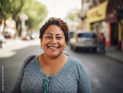 Señora latina, mexicana, madura, con cabello corto, sonriendo, en una calle de la ciudad.