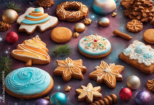 Delicious homemade cookies. Flat lay of decorated cookies including stars and Chstirmas tree.