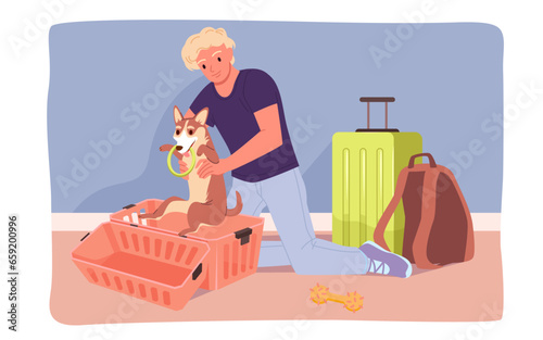 Travel with pet vector illustration. Cartoon man putting cute dog in open plastic carrier box for trip in public transport, animal cage, backpack and suitcase ready for journey, summer vacation