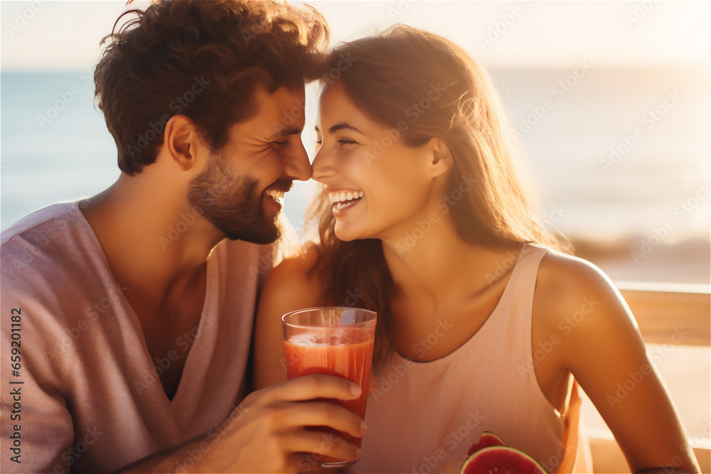 Close up of a smiling laughing couple together holding drink. - obrazy, fototapety, plakaty 