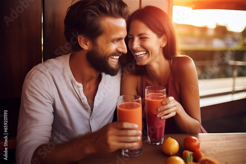 Close up of a smiling laughing couple together holding drink.